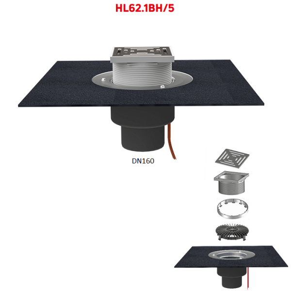 Кровельная воронка HL62.1BH/5 DN160 с электрообогревом полимербитумным полотном и решеткой