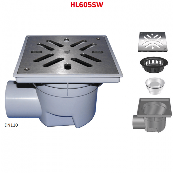 Трап HL605SW с горизонтальным выпуском DN110 стальной решеткой сифоном и мусороуловителем