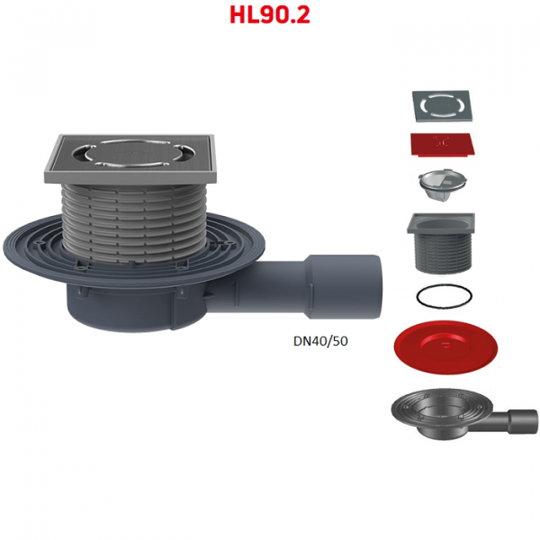Трап HL90.2 с горизонтальным выпуском DN40/50 решеткой и незамерзающим запахозапирающим устройством