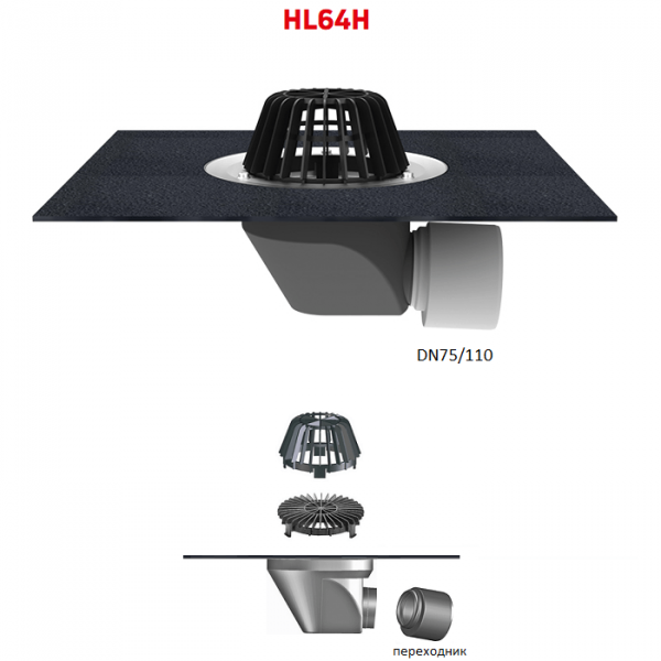 Кровельная воронка HL64H с горизонтальным выпуском DN75/110 полимербитумным полотном и листвоуловителем