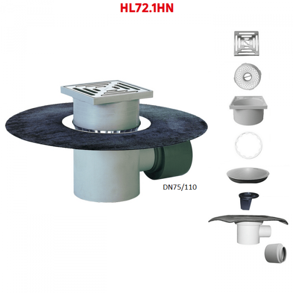 Трап HL72.1HN с полимербитумным полотном горизонтальным выпуском DN75/110 решеткой из нерж.стали и надставным элементом