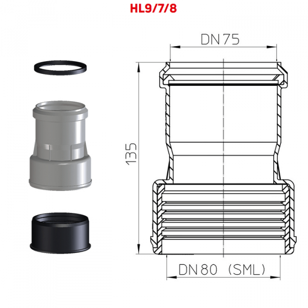 Переходник HL9/7/8 для перехода с DN75 ПП/ПВХ на сталь/чугун 80