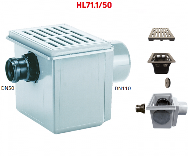 Трап HL71.1/50 с горизонтальным выпуском DN110 ABS-решеткой и входным патрубком DN50