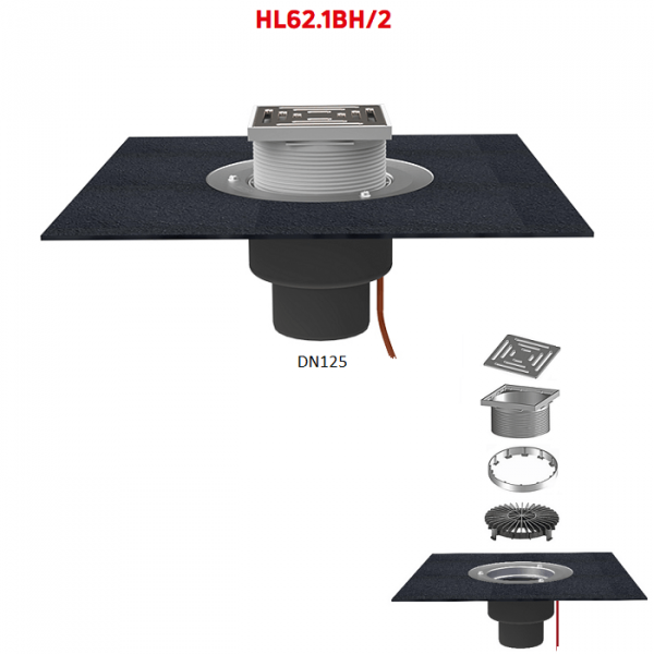 Кровельная воронка HL62.1BH/2 DN125 с электрообогревом полимербитумным полотном и решеткой
