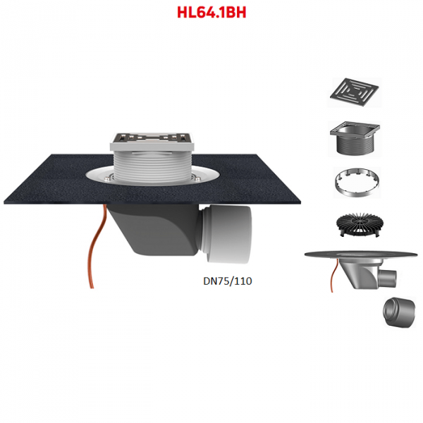 Воронка HL64.1BH с электроподогревом горизонтальным выпуском DN75/110 битумным полотном надставным элементом и решеткой