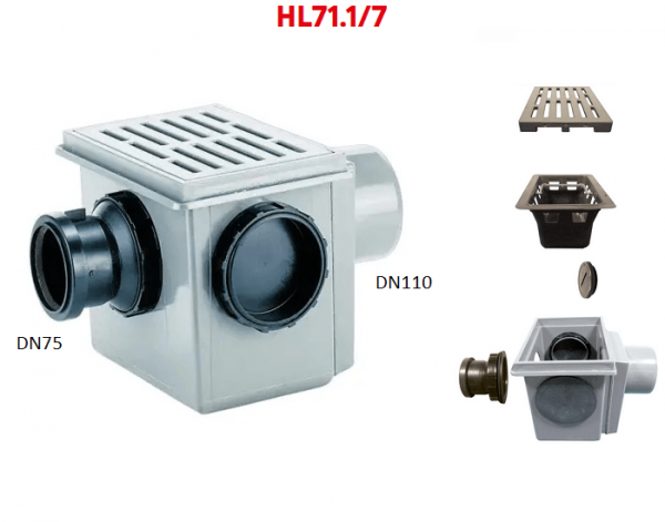 Трап HL71.1/7 с горизонтальным выпуском DN110 ABS-решеткой и входным патрубком DN75