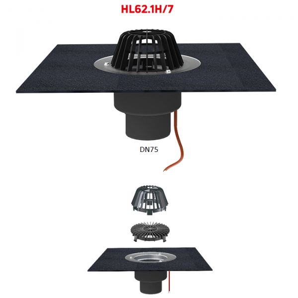 Кровельная воронка HL62.1H/7 DN75 с электроподогревом полимербитумным полотном и листвоуловителем