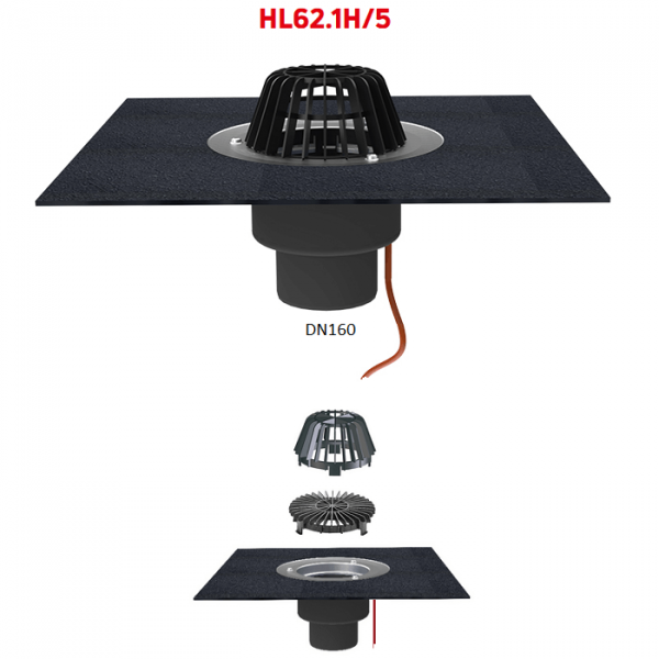 Кровельная воронка HL62.1H/5 DN160 с электроподогревом полимербитумным полотном и листвоуловителем