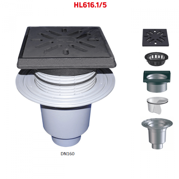 Трап HL616.1/5 с вертикальным выпуском DN160 чугунными решеткой и подрамником незамерзающим сифоном и мусороуловителем