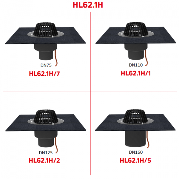 Кровельные воронки HL62.1H с электрообогревом полимербитумным полотном вертикальным выпуском и листвоуловителем