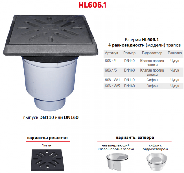 Трапы HL606.1 с вертикальным выпуском DN110/160 решеткой и подрамником из чугуна и мусороуловителем