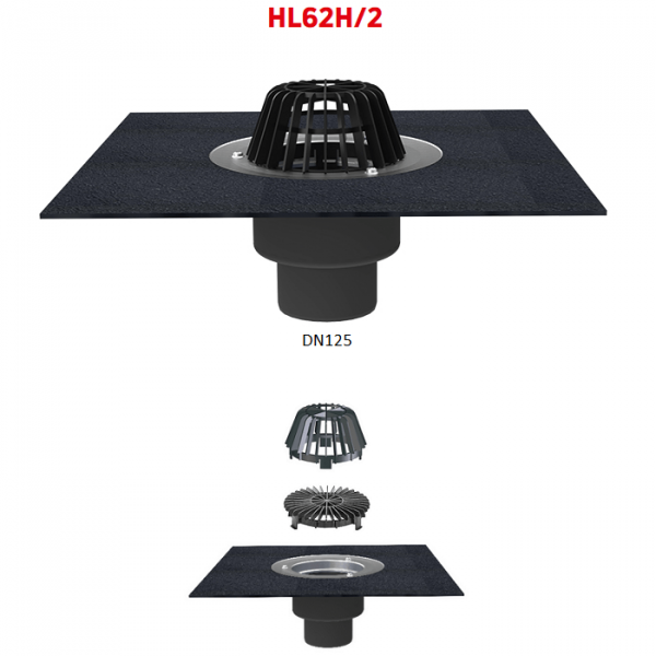 Кровельная воронка HL62H/2 DN125 с полимербитумным полотном и листвоуловителем