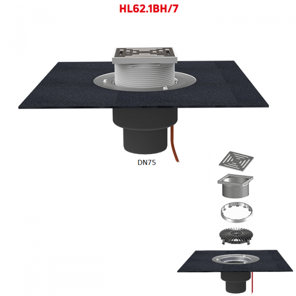 Кровельная воронка HL62.1BH/7 DN75 с электрообогревом полимербитумным полотном и решеткой