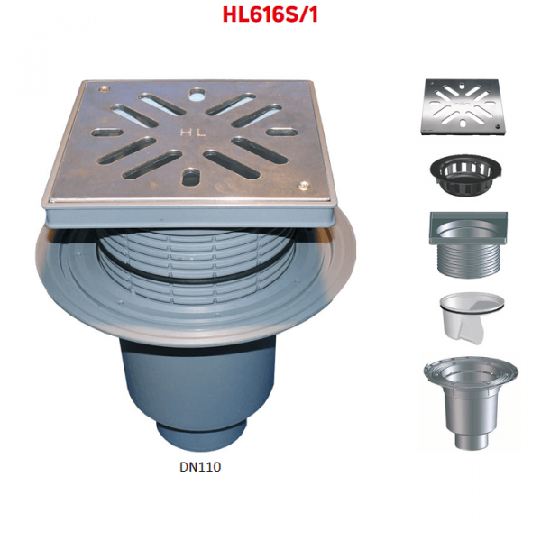 Трап HL616S/1 с вертикальным выпуском DN110 решеткой из нерж.стали надставным элементом незамерзающим сифоном и мусороуловителем