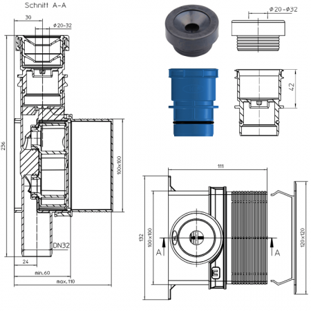 Размеры сифона HL138NH