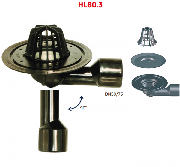 Кровельная воронка HL80.3 с поворотным шарнирным выпуском DN50/75 и листвоуловителем