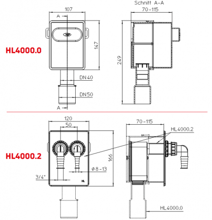 Размеры сифонного комплекта HL4200 и его составных частей