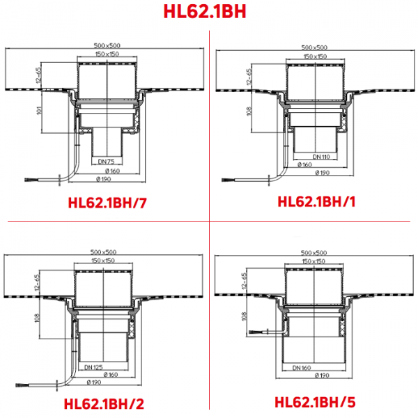 Размеры разновидностей воронок HL62.1BH