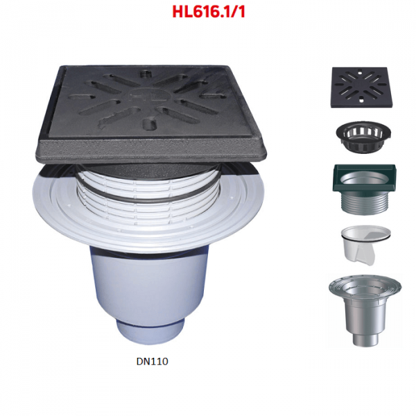 Трап HL616.1/1 с вертикальным выпуском DN110 чугунными решеткой и подрамником незамерзающим сифоном и мусороуловителем