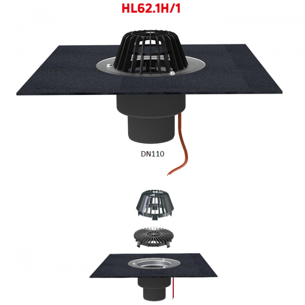 Кровельная воронка HL62.1H/1 DN110 с электроподогревом полимербитумным полотном и листвоуловителем