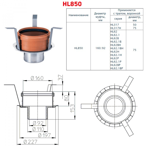 Противопожарная муфта HL850 с размерами